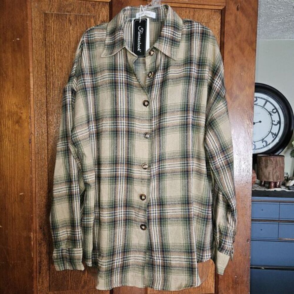 Fantaslook Womens Plaid Flannel Shacket Oversized Button Down Shirt Green Large - Picture 4 of 10